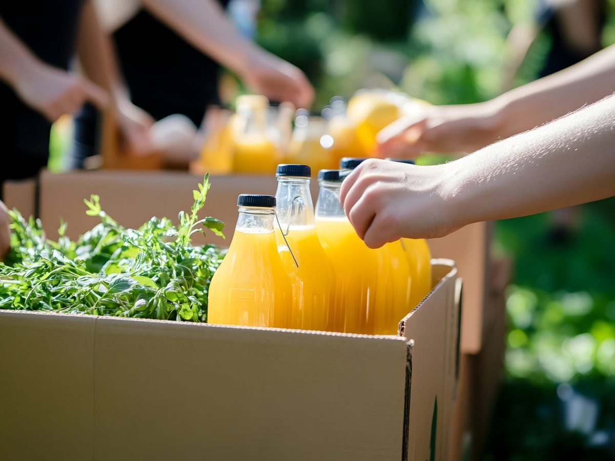Community food distribution with fresh produce and volunteers outdoors