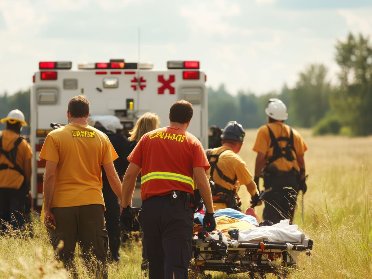 EMTs conducting triage and emergency care at the site of a mass casualty event, working with rescue teams to save as many lives as possible