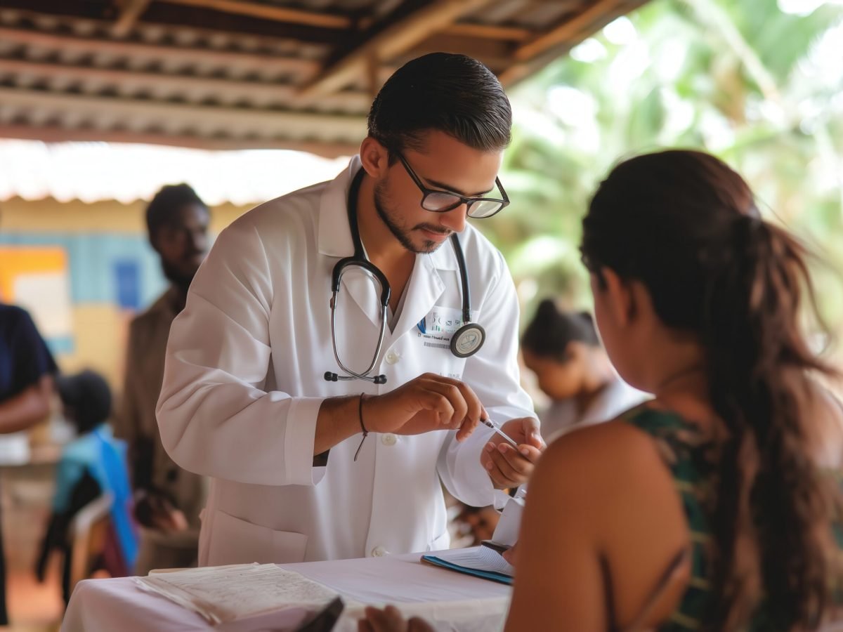 Medical professionals providing care in a rural area, highlighting the right to health care