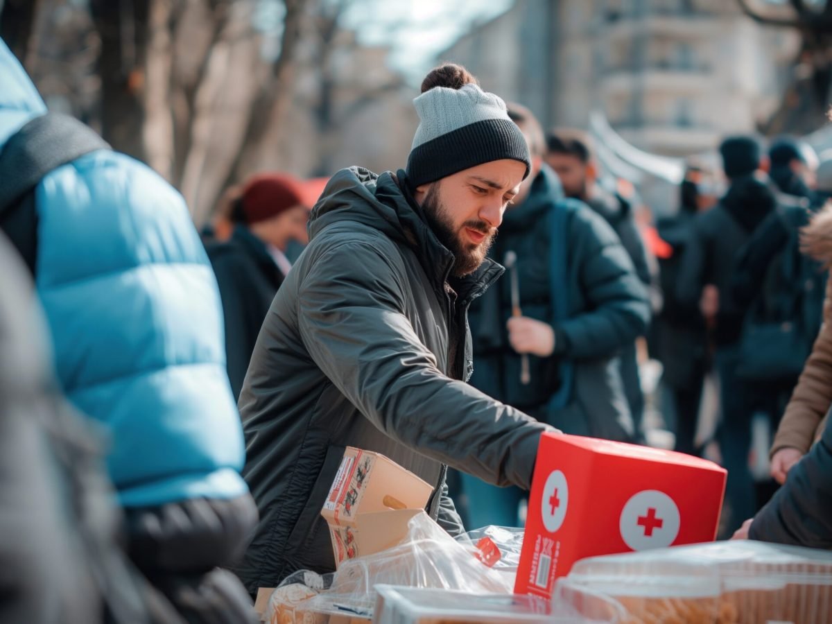Volunteers distributing food and supplies to refugees, highlighting the importance of humanitarian aid in crisis situations