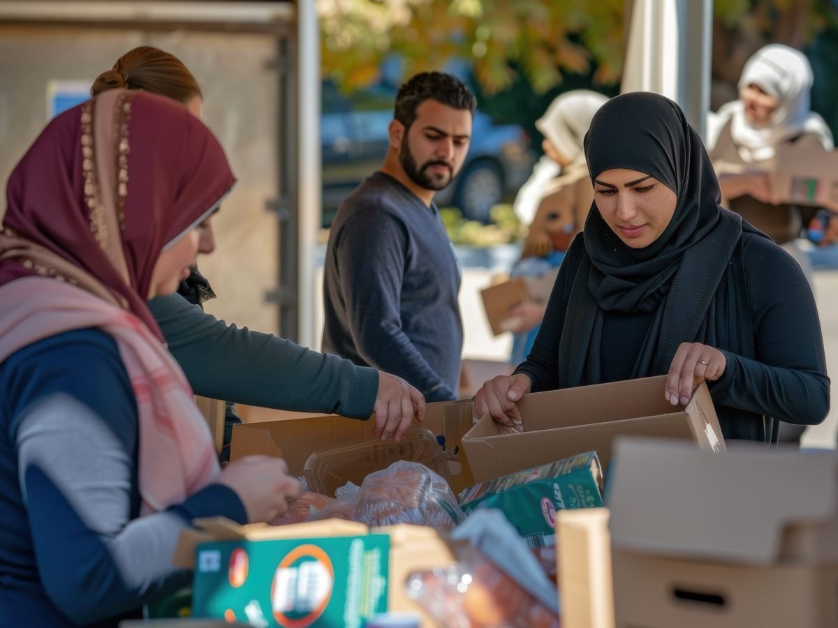 women-sorting-food-donations-cardboard-boxes-outside-building